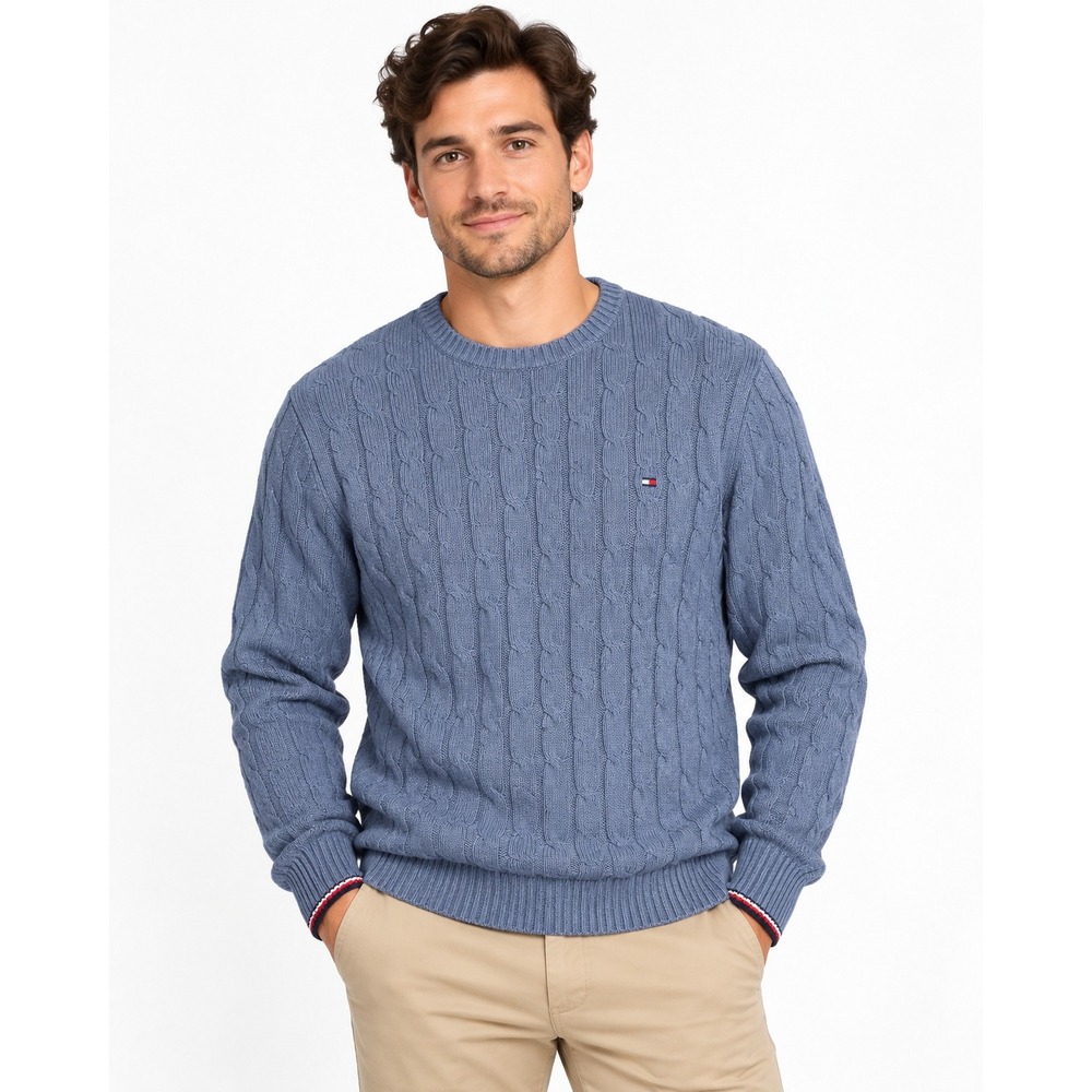 Tommy Hilfiger Mens L Blue Cable Knit Cotton Crewneck Sweater NWT Logo